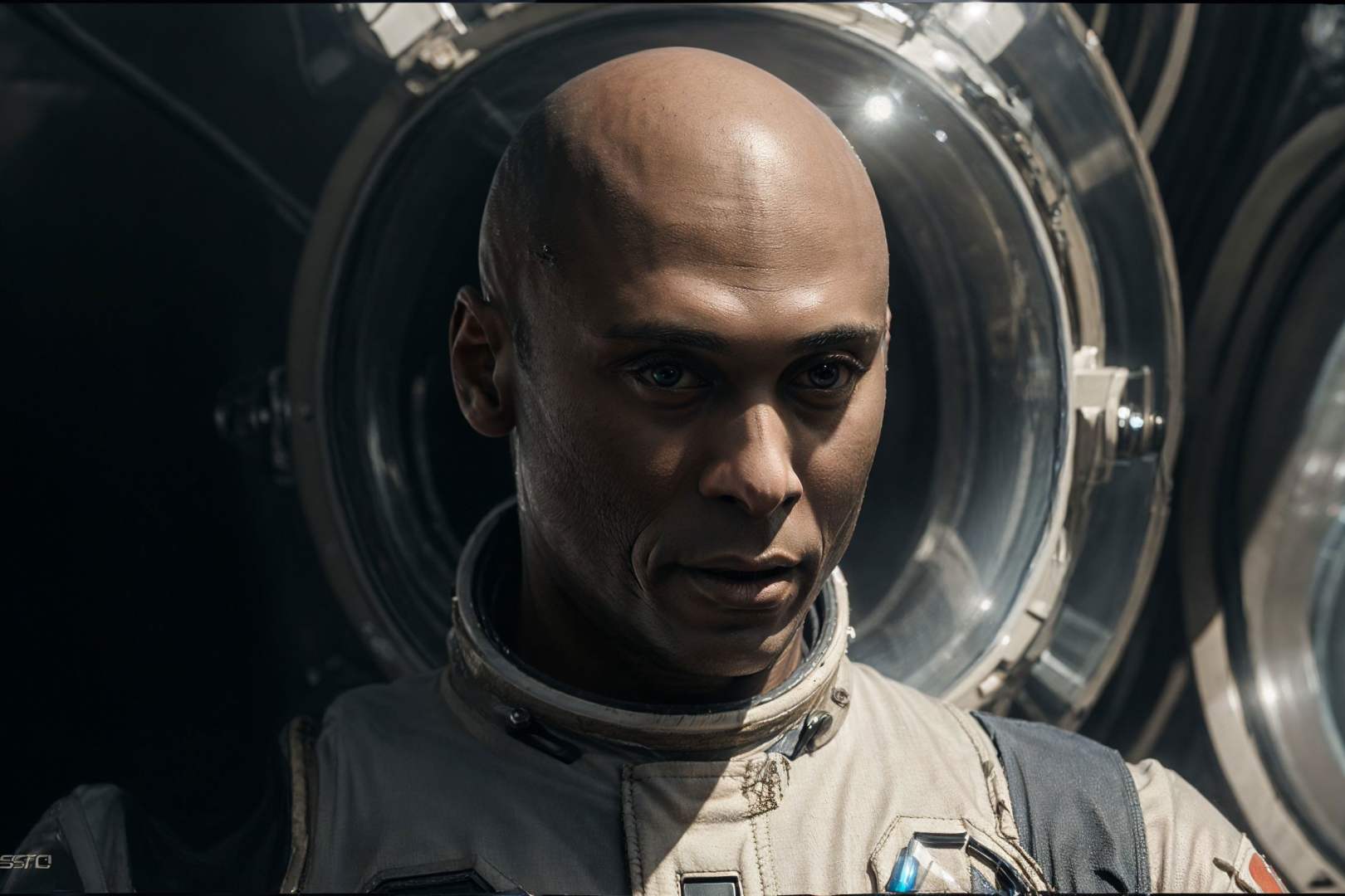 half body photo of LReddick in space suit in scifi movie scene, spaceship deck, <lora:LanceReddick-06:0.9>, action, man, dynamic pose, running, wearing white tuxedo, man, white suit, bald, (masterpiece:1.2), best quality, high quality, (absurdres:1.2), realistic, UHD, ultrarealistic, 50mm,  <lora:add_detail:0.3> epiCRealism <lora:allymech:0.7>