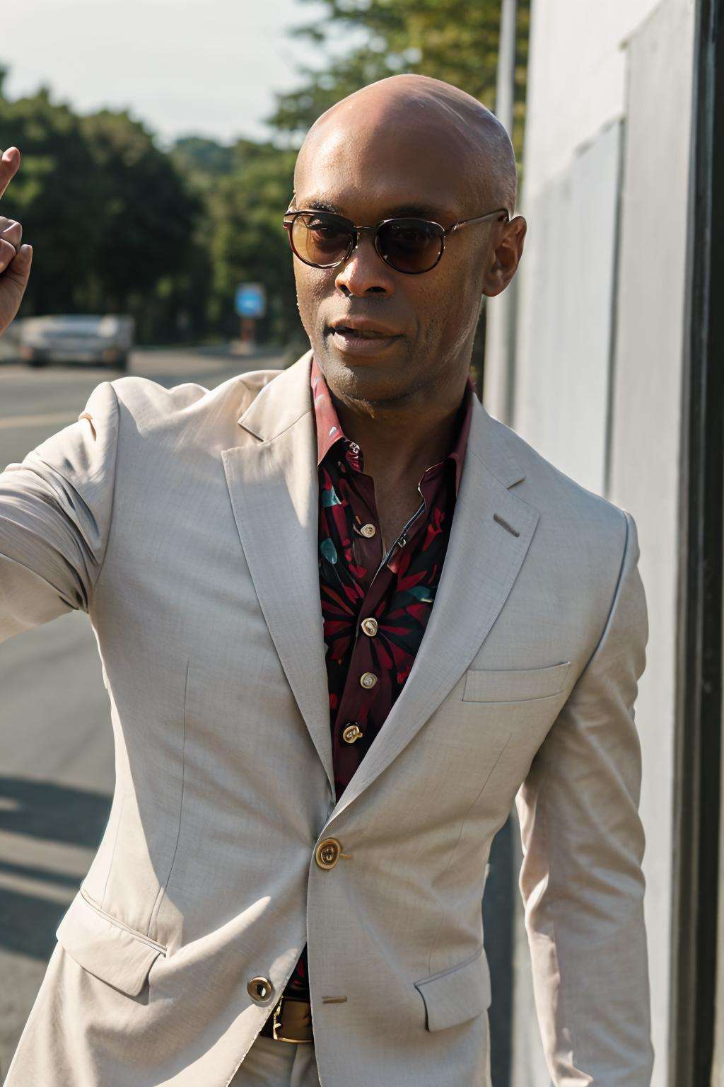 photo of LReddick road rage, action, dynamic pose, wearing dark sunglasses, man, white suit with red flower pattern, bald, (masterpiece:1.2), best quality, high quality, (absurdres:1.2), realistic, UHD, ultrarealistic, 50mm <lora:LanceReddick-06:1.0>