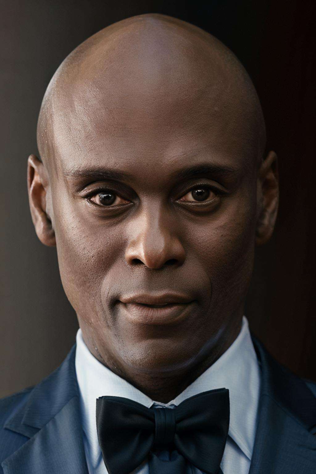 closeup, photo of LReddick, <lora:LanceReddick-06:1.0>, action, dynamic pose, wearing blue tuxedo, man, white suit, bald, (masterpiece:1.2), best quality, high quality, (absurdres:1.2), realistic, UHD, ultrarealistic, 50mm,  <lora:add_detail:0.3>