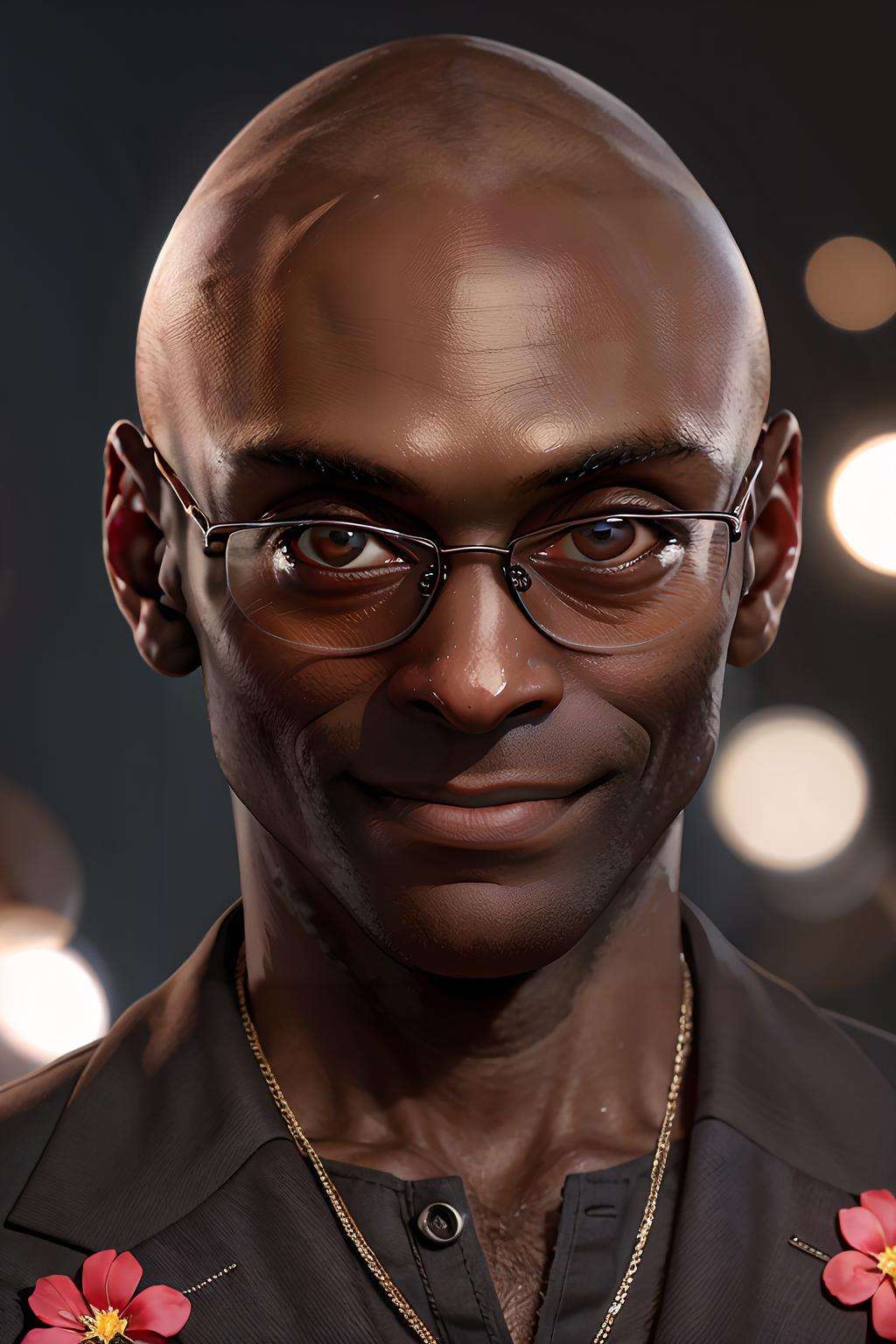 photo of Lance Reddick LReddick with glasses, action, dynamic pose, man, suit with red flower pattern, black eyes, bald, (masterpiece:1.2), best quality, high quality, (absurdres:1.2), realistic, UHD, ultrarealistic, 50mm <lora:LanceReddick-10:1.0><lora:3DMM_V11:0.8> 3dmm style, 8K, (masterpiece*high detailed*highres), sharp focus, Natural volumetric lights, soft lighting, (smiling:1.2), looking_at_viewer, symmetric_eyes, detailed_eyes, outdoor,