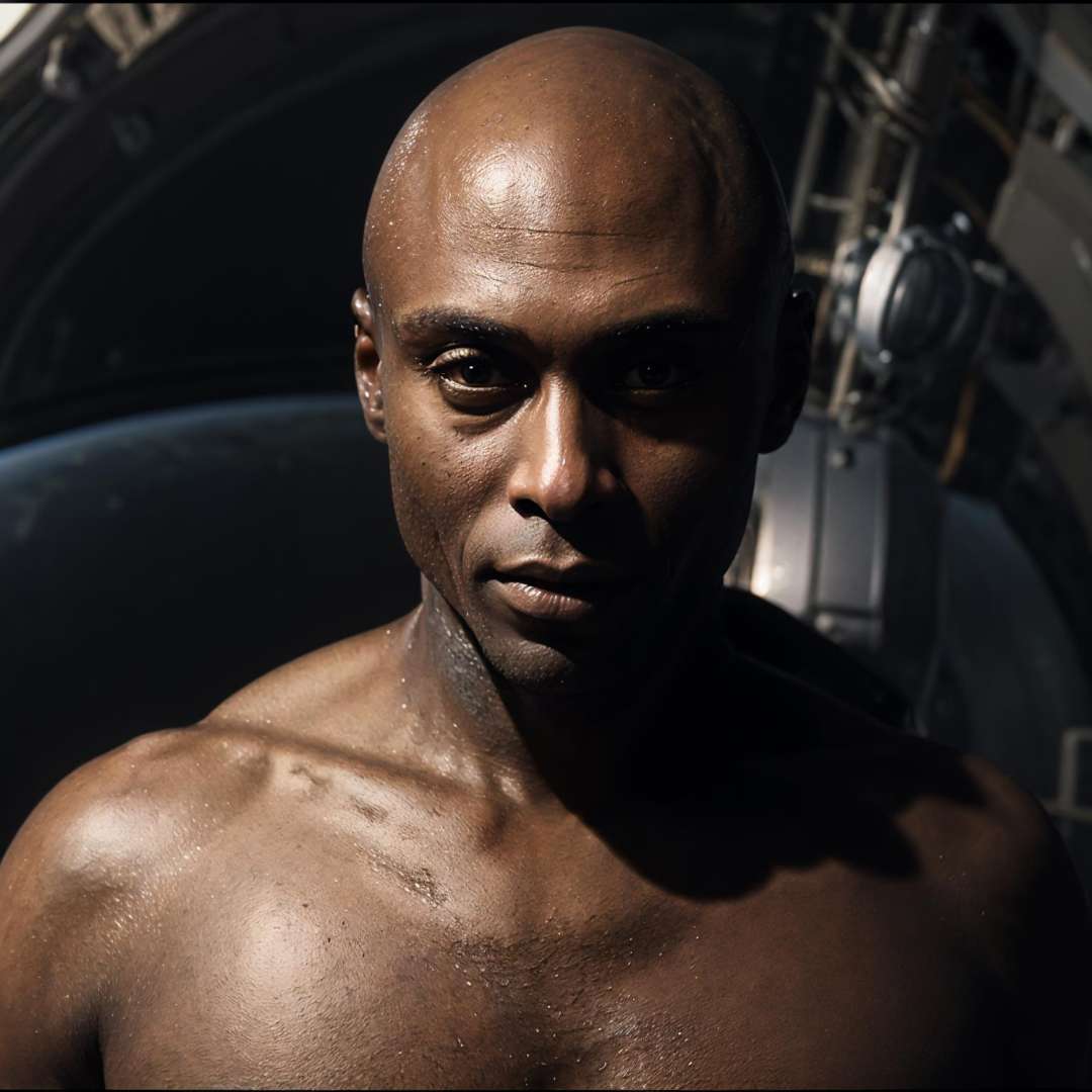 photo of Lance Reddick in space suit at a spaceship deck, <lora:LanceReddick-06:0.8> action, man, dynamic pose, bald, (masterpiece:1.2),<lora:add_detail:0.5> <lora:allymech:0.8>, epiCRealism