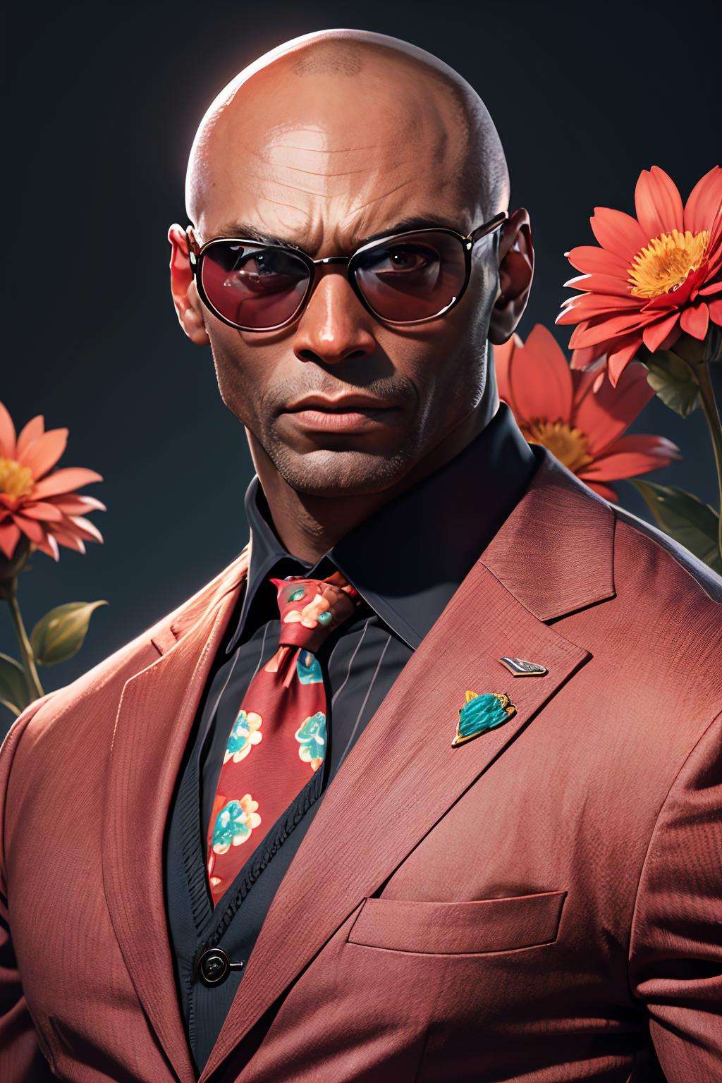 photo of LReddick, action, dynamic pose, wearing dark sunglasses, man, suit with red flower pattern, bald, (masterpiece:1.2), best quality, high quality, (absurdres:1.2), realistic, UHD, ultrarealistic, 50mm <lora:LanceReddick-06:1.0><lora:3DMM_V11:0.8>