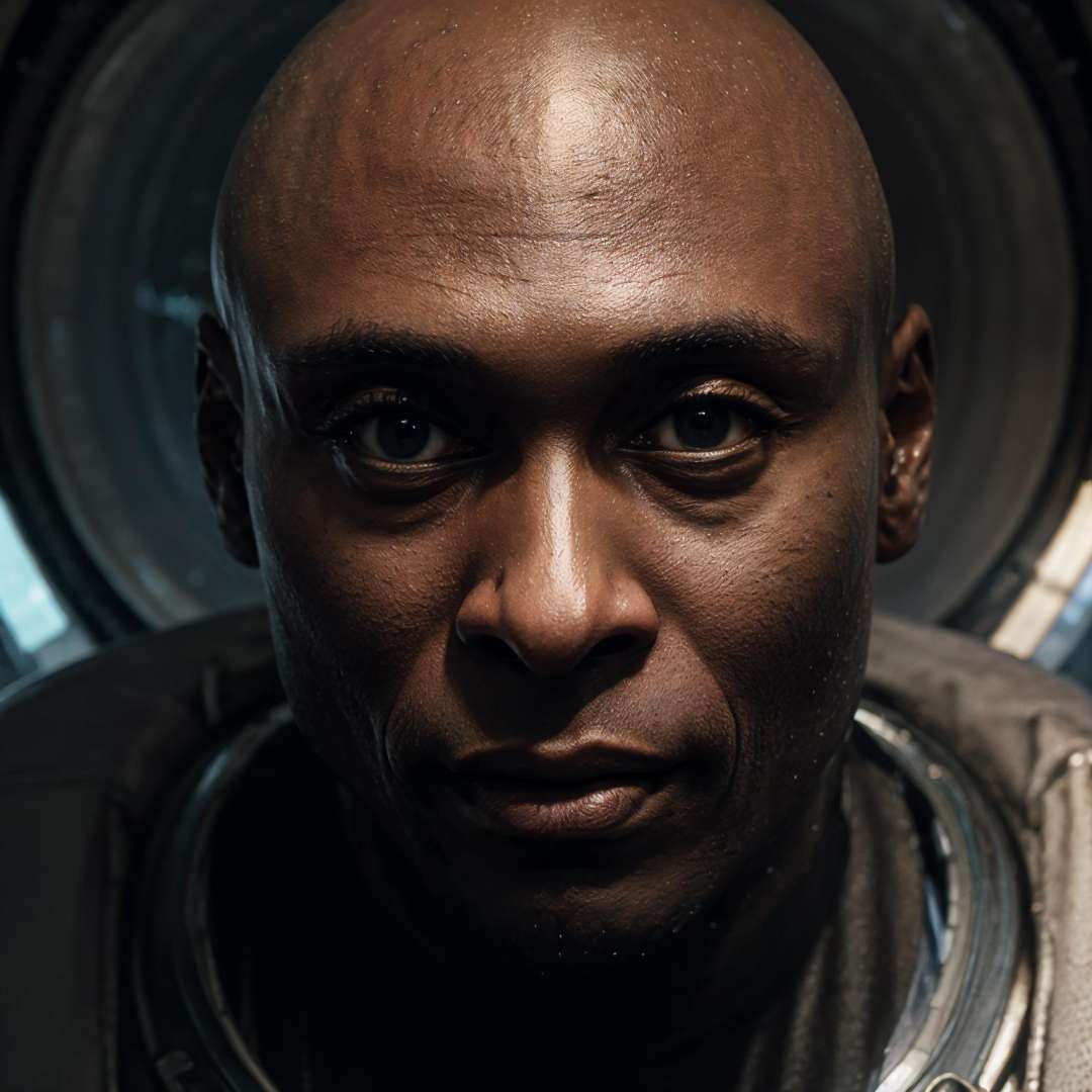 photo of Lance Reddick in space suit at a spaceship deck, <lora:LanceReddick-06:0.8> action, man, dynamic pose, bald, (masterpiece:1.2),<lora:add_detail:0.5> <lora:allymech:0.8>, epiCRealism