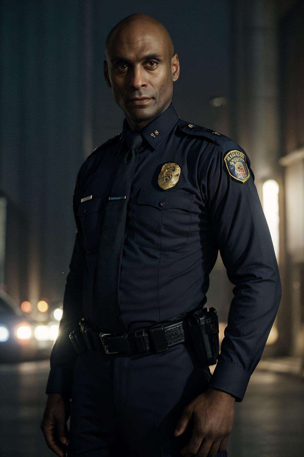 half body photo of man LReddick in police uniform in Fringe tvseries, cinematic scene, <lora:LanceReddick_v2:1.0>, (masterpiece:1.2), best quality, high quality, (absurdres:1.2),( intricate details:1.2), realistic, UHD, ultrarealistic, bokeh, sharp focus