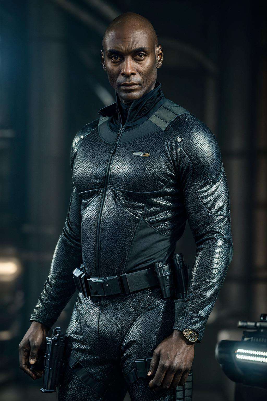 portrait of a man LReddick, <lora:LanceReddick:1.0>, (masterpiece:1.2), best quality, high quality, wearing  ultra detailed scifi tech suit, (absurdres:1.2), realistic, UHD, ultrarealistic, 50mm,  <lora:add_detail:0.3>, looking at viewer, (holding a gun:1.2), ( intricate details:1.2), angry, sharp focus, bokeh, johnwick