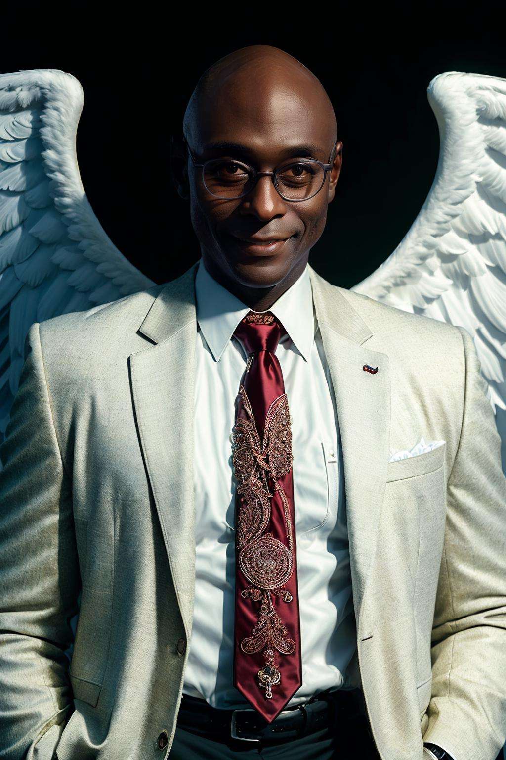 (masterpiece:1.2), photo of man LReddick with angel wings smiling from heaven, glasses, heavenly atmosphere, black jacket, white shirt, red tie <lora:LanceReddick_v2:1.0>, best quality, high quality, (absurdres:1.2),( intricate details:1.2), realistic, UHD, ultrarealistic, sharp focus, bald