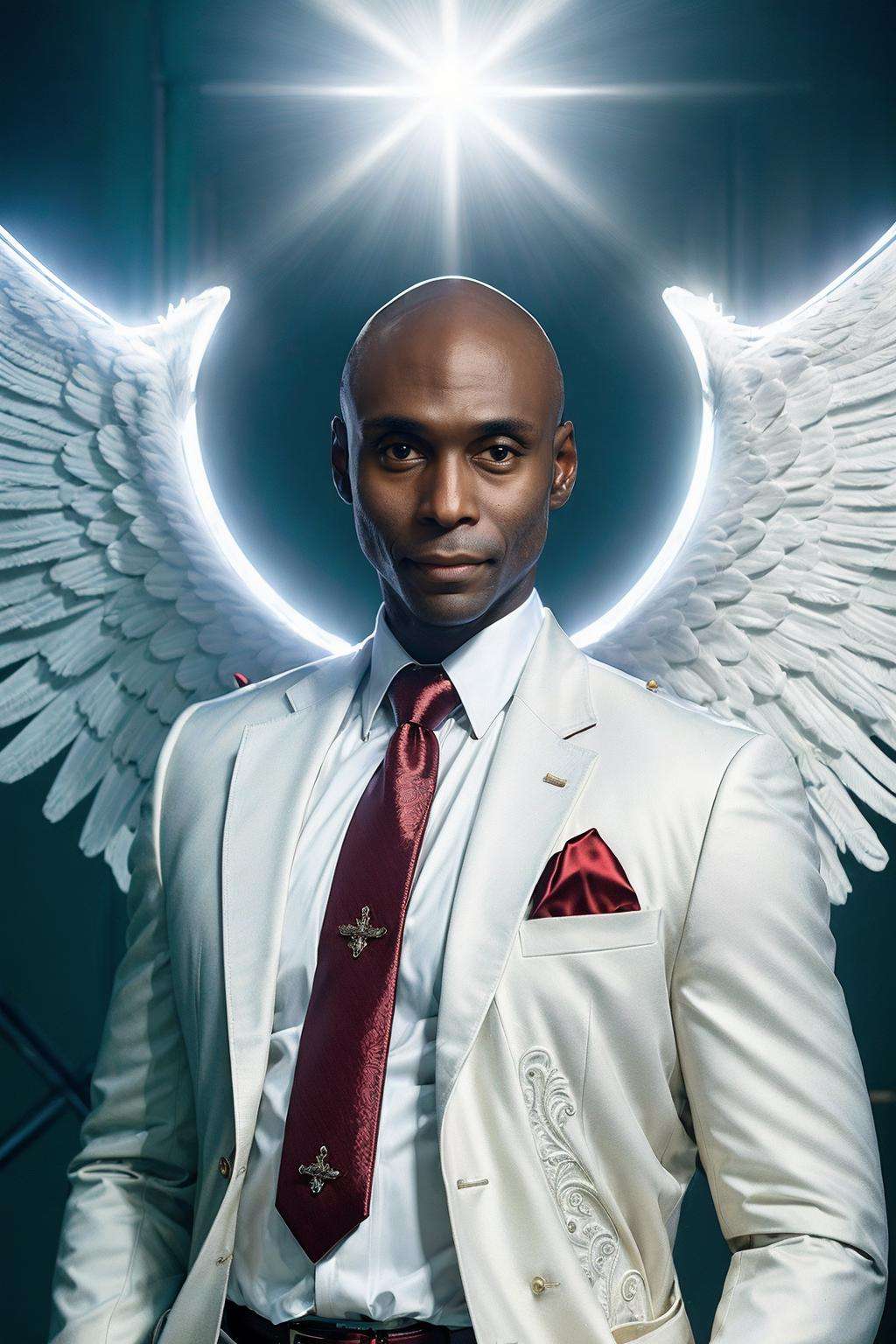 (masterpiece:1.2), full body photo of man LReddick with angel wings from heaven, white jacket, white shirt, red tie <lora:LanceReddick_v2:1.0>,best quality, high quality, (absurdres:1.2),( intricate details:1.2), realistic, UHD, ultrarealistic, sharp focus, (looking at viewer:1.3), god rays, magical, opticalillusion