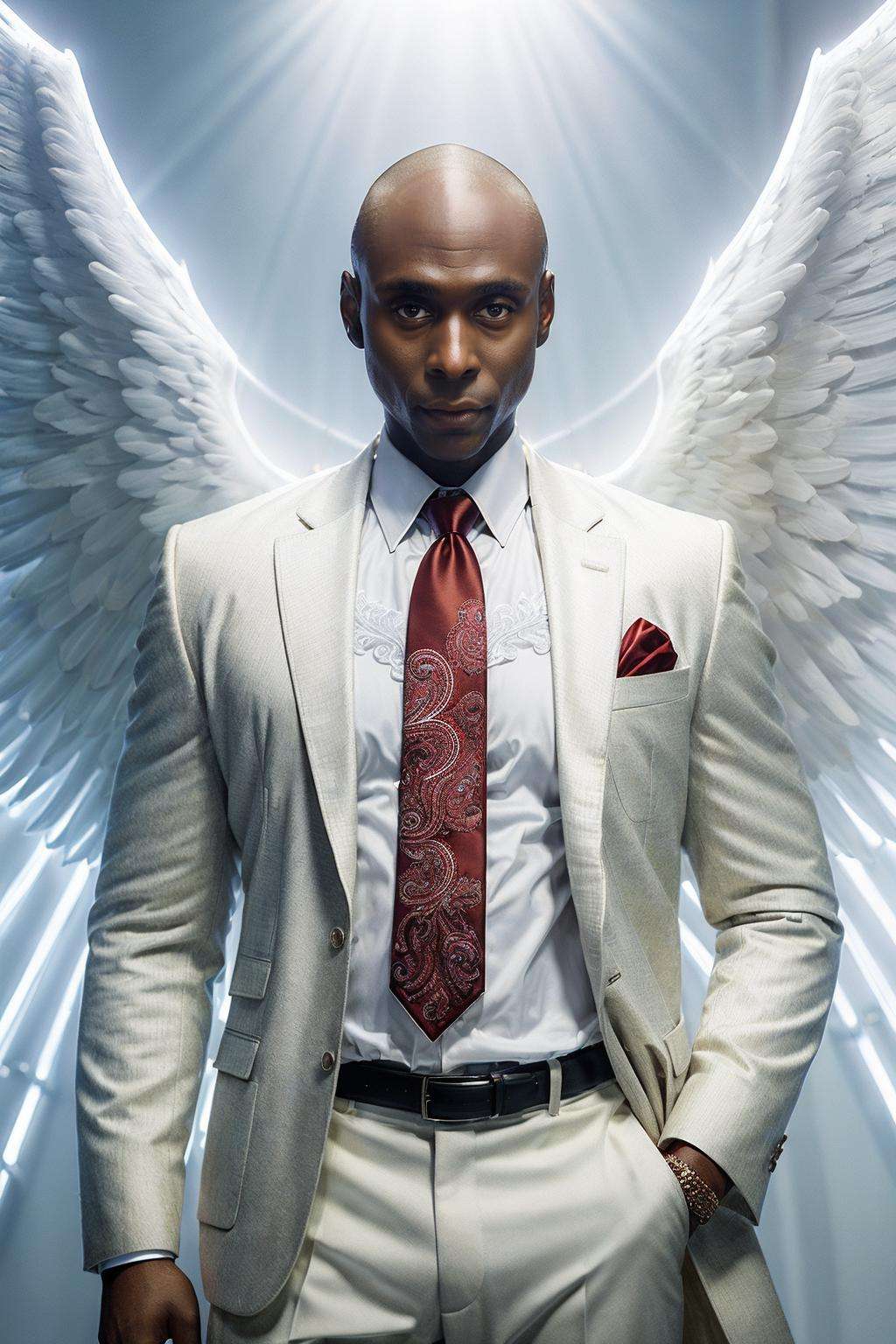 (masterpiece:1.2), full body photo of man LReddick with angel wings from heaven, white jacket, white shirt, red tie <lora:LanceReddick_v2:1.0>,best quality, high quality, (absurdres:1.2),( intricate details:1.2), realistic, UHD, ultrarealistic, sharp focus, (looking at viewer:1.3), god rays, magical, opticalillusion