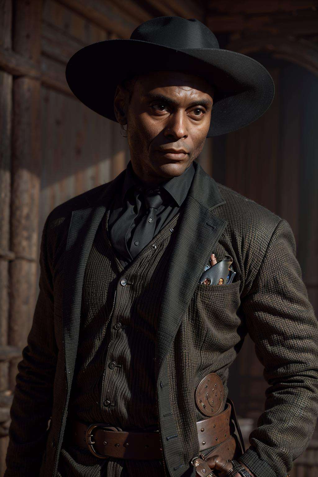 (masterpiece:1.2), portrait photo of man LReddick in black cowboy dress, cinematic scene, <lora:LanceReddick_v2:1.0>, best quality, high quality, (absurdres:1.2),( intricate details:1.2), realistic, UHD, ultrarealistic, sharp focus, westworld