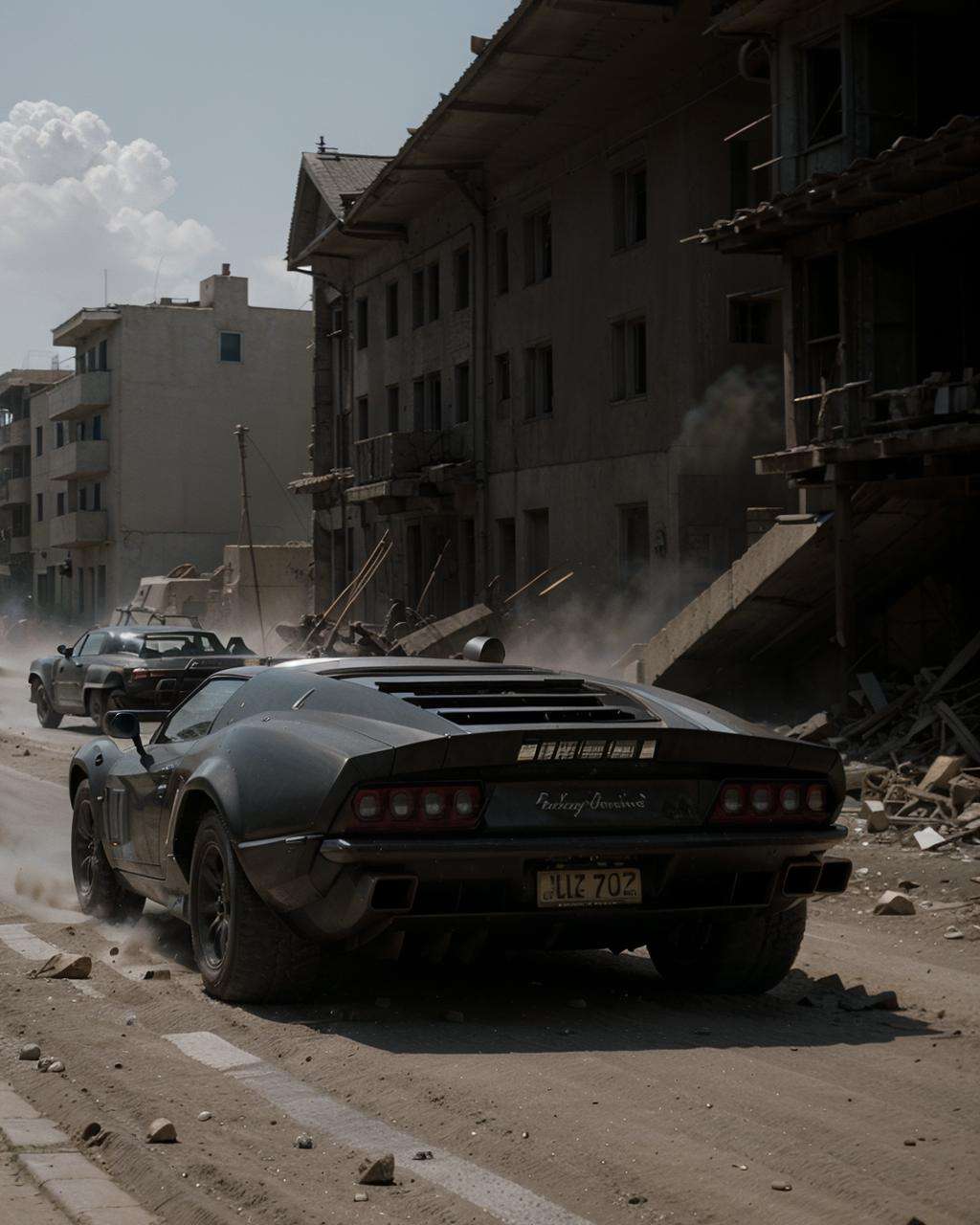 valkyrie style, <lora:valkyrie_movie_offset:1> an old lamborghini on road, 4k, supreme detail, highly detailed, artstation, smooth, sharp focus, cinematic lighting, cinematic view, explosions, war zone, motion blur, speed, fast, dust, drift