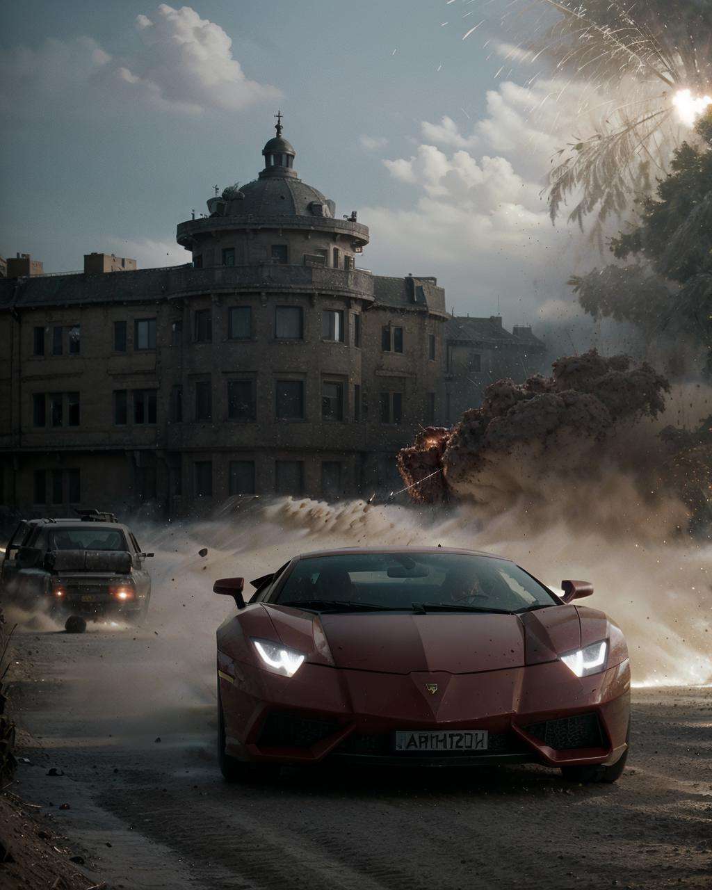 valkyrie style, <lora:valkyrie_movie_offset:1> a red lamborghini on road, 4k, supreme detail, highly detailed, artstation, smooth, sharp focus, cinematic lighting, cinematic view, (explosions:1.5), war zone, motion blur, speed, fast, dust, drift, front view, headlights on, gun nozzle flashes, (masterpiece:1.2), (intricate details:1.2), cinematic lighting, realism, realistic, RAW photo, 4k, highres, extremely intricate, photorealistic, selective focus, best quality, photo, real, extremely detailed, amazing, fine detail, rich colors, hyperrealistic lifelike texture, dramatic lighting, unrealengine, trending on artstation, cinestill 800 tungsten, high quality, sharp focus,8k uhd, absurdres