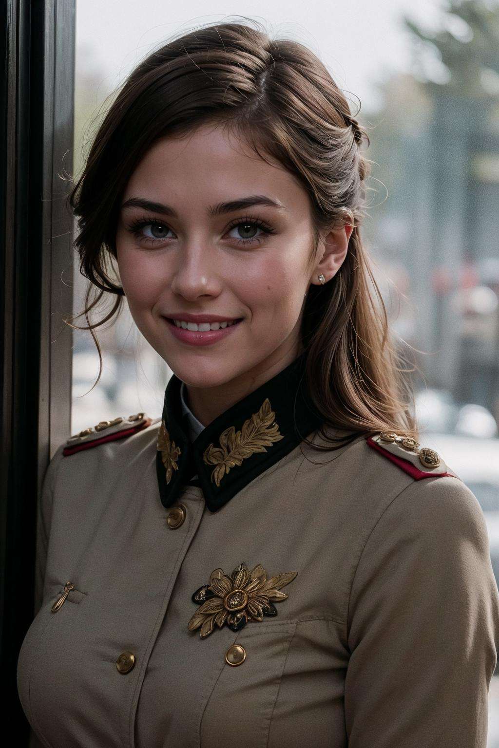 valkyrie style <lora:valkyrie_movie_offset:1>, (masterpiece), (extremely intricate:1.3), (realistic), portrait of a brown haired smiling girl, the most beautiful in the world, military uniform, metal reflections, upper body, outdoors, looking at side, soldiers behind, professional photograph of a stunning woman detailed, sharp focus, dramatic, award winning, cinematic lighting, octane render, unreal engine, volumetrics dtx