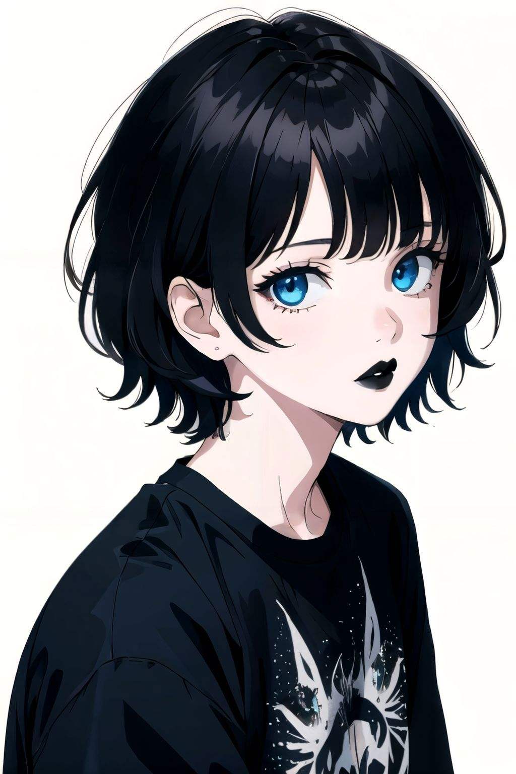 <lora:goth_girl:1>goth girl, gothic, black hair,  blue eyes, lipstick, makeup, pale skin, white background, 1girl, solo, black shirt, black lips, short hair, simple background, looking at viewer