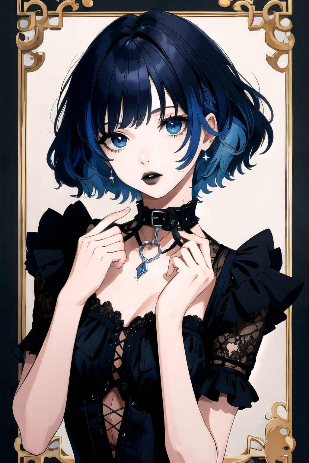 <lora:goth_girl:1>masterpiece, best quality, gothic, blue hair, collar, hand towards viewer,goth girl, makeup, black lips