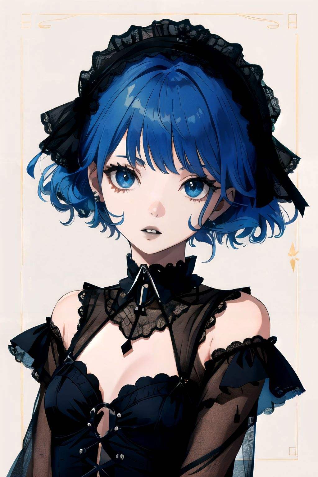 <lora:goth_girl:1>masterpiece, best quality, gothic, blue hair, collar, hand towards viewer,goth girl, makeup, black lips