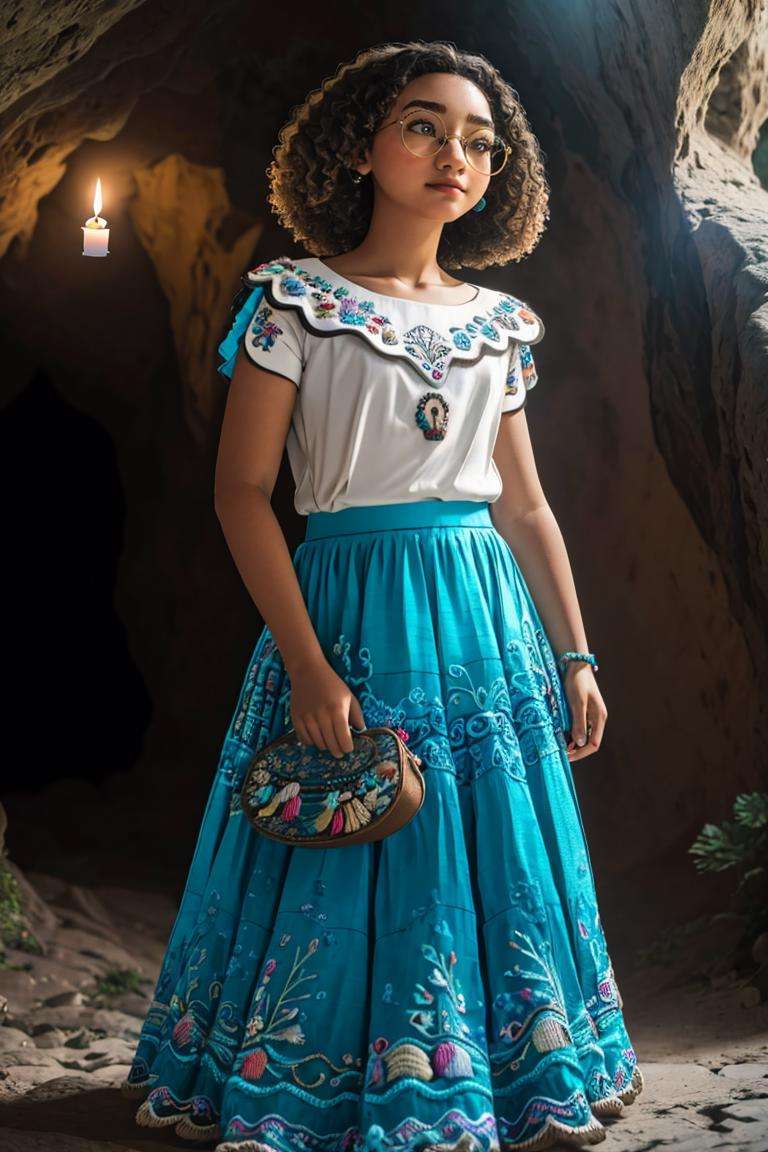 (masterpiece,  best quality:1.2),  (depth of field:1.1),  MirabelST,  1girl,  dancing,  medium hair,  curly hair,  full body,  shoes,  embroidered bag,  white blouse,  ((teal skirt)),  brown eyes,  embroidery,  sitting,  mystical cave,  candles,  masterpiece,  highness,  perfect face,  perfect picture,  detailed eyes , sharp focus, <lora:EMS-38561-EMS:1.000000>