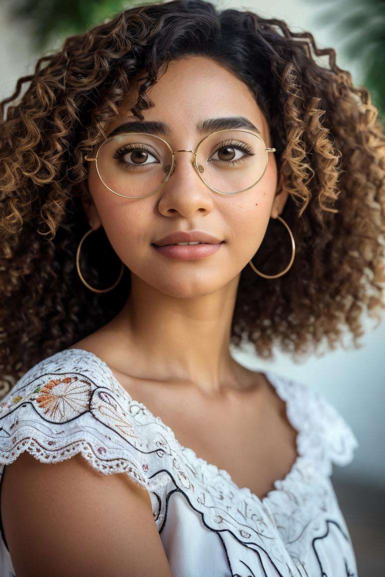 (masterpiece,  best quality:1.2),  (depth of field:1.1),  MirabelST,  1girl,  professional portrait,  latina,  caramel skin,  glasses,  cinematic lighting,  closeup,  medium hair,  curly hair,  white blouse,  brown eyes,  embroidery,  masterpiece,  highness,  perfect face,  perfect picture,  detailed eyes , sharp focus, <lora:EMS-38561-EMS:1.000000>