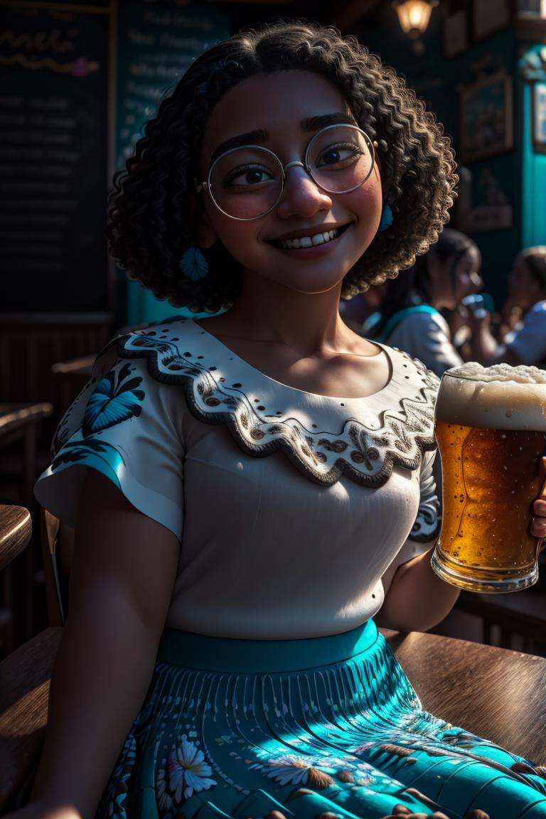 (masterpiece,  best quality:1.2),  smiling (depth of field:1.1),  MirabelST,  at the pub,  holding a beer,  1girl,  (white blouse,  teal skirt:1.2),  embroidery,  sitting,  masterpiece,  highness,  perfect face,  perfect picture,  detailed eyes , sharp focus, <lora:EMS-38561-EMS:1.000000>