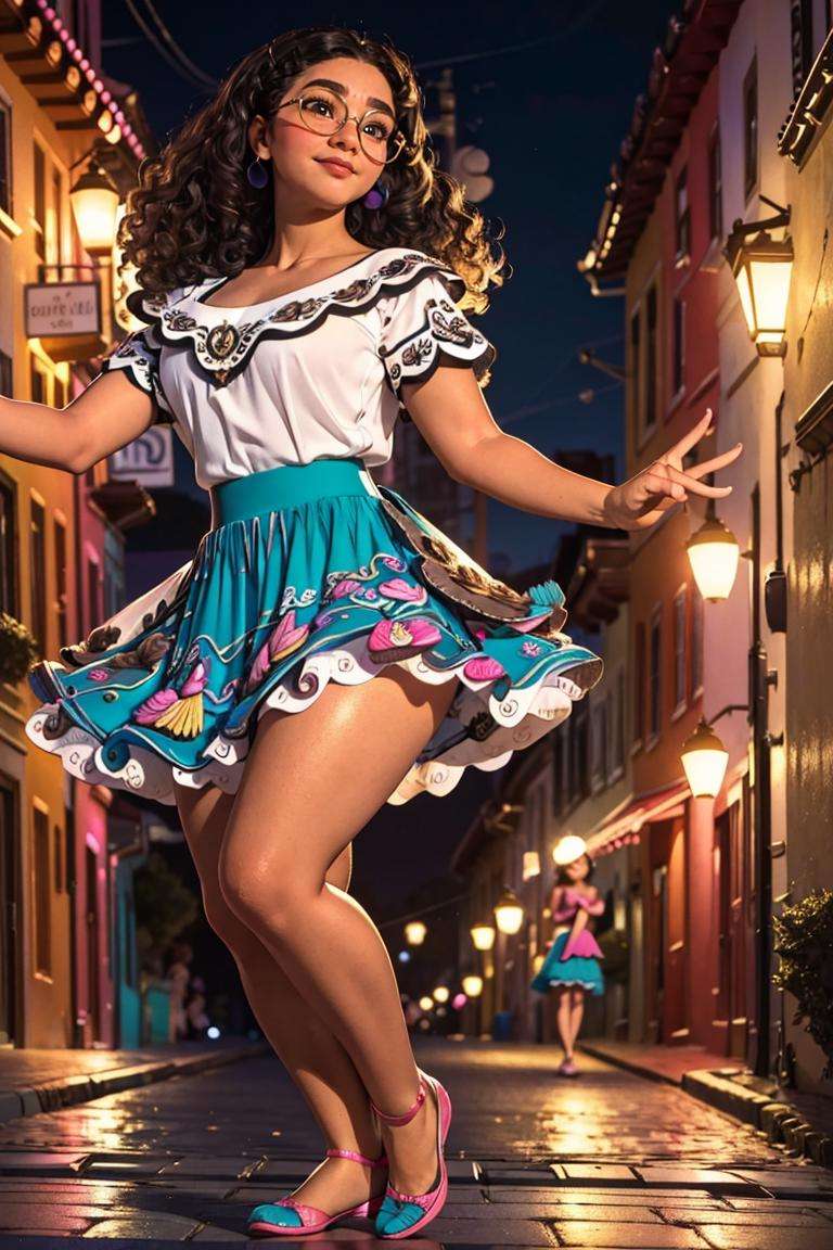 (masterpiece,  best quality:1.2),  (depth of field:1.1),  MirabelST,  1girl,  dancing,  smirk,  seducing,  (white blouse:1.2),  (short teal skirt:1.2),  pink shoes,  curly hair,  glasses brown eyes,  city at night,  masterpiece,  highness,  perfect face,  perfect picture,  detailed eyes , sharp focus, <lora:EMS-38561-EMS:1.000000>