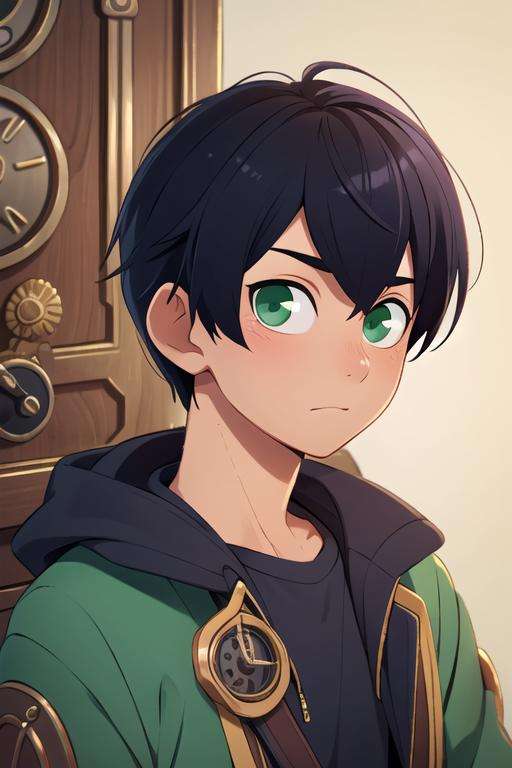 masterpiece, best quality, photorealistic, 1boy, solo, male focus, looking at viewer, upper body, , anime coloring, realistic, <lora:tsuneo_suzukawa:0.72>, tsuneo_suzukawa, black hair, green eyes, candy costume, steampunk, High definition