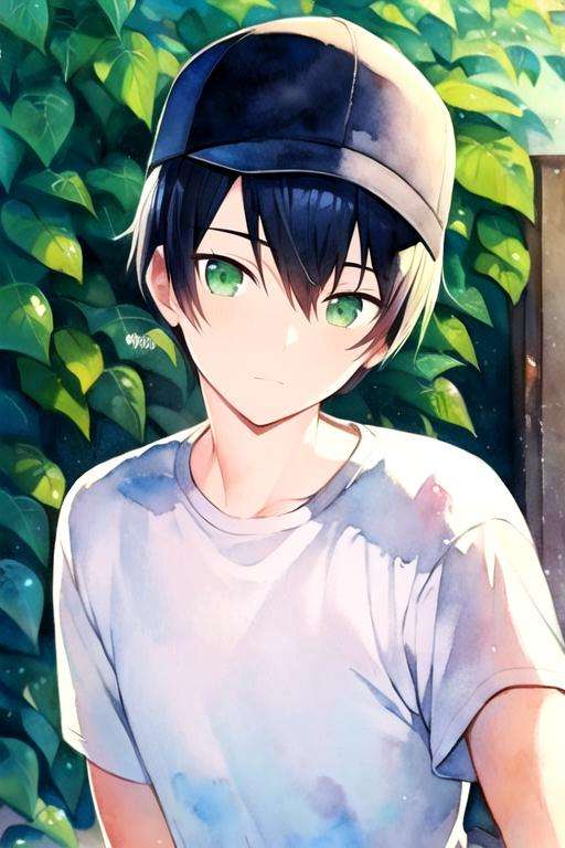 masterpiece, best quality, illustration, 1boy, solo, male focus, looking at viewer, upper body, depth of field, (watercolor illustration, soft pastel colors:1.1), , <lora:tsuneo_suzukawa:0.70>, tsuneo_suzukawa, black hair, green eyes, , trucker hat, sci-fi, Blu-ray