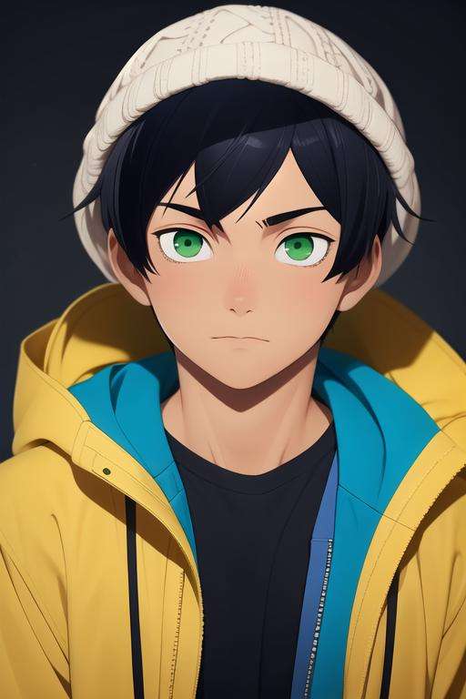 masterpiece, best quality, illustration, 1boy, solo, male focus, looking at viewer, , , anime coloring, realistic, <lora:tsuneo_suzukawa:0.74>, tsuneo_suzukawa, black hair, green eyes, windbreaker, bobble hat, grimdark,