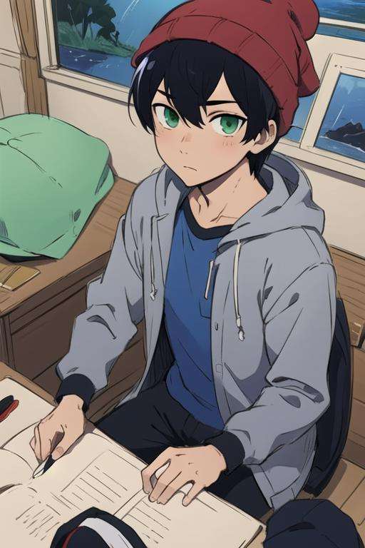 masterpiece, best quality, sketch, 1boy, solo, male focus, looking at viewer, , , anime coloring, , <lora:tsuneo_suzukawa:0.68>, tsuneo_suzukawa, black hair, green eyes, , bobble hat, , Blu-ray