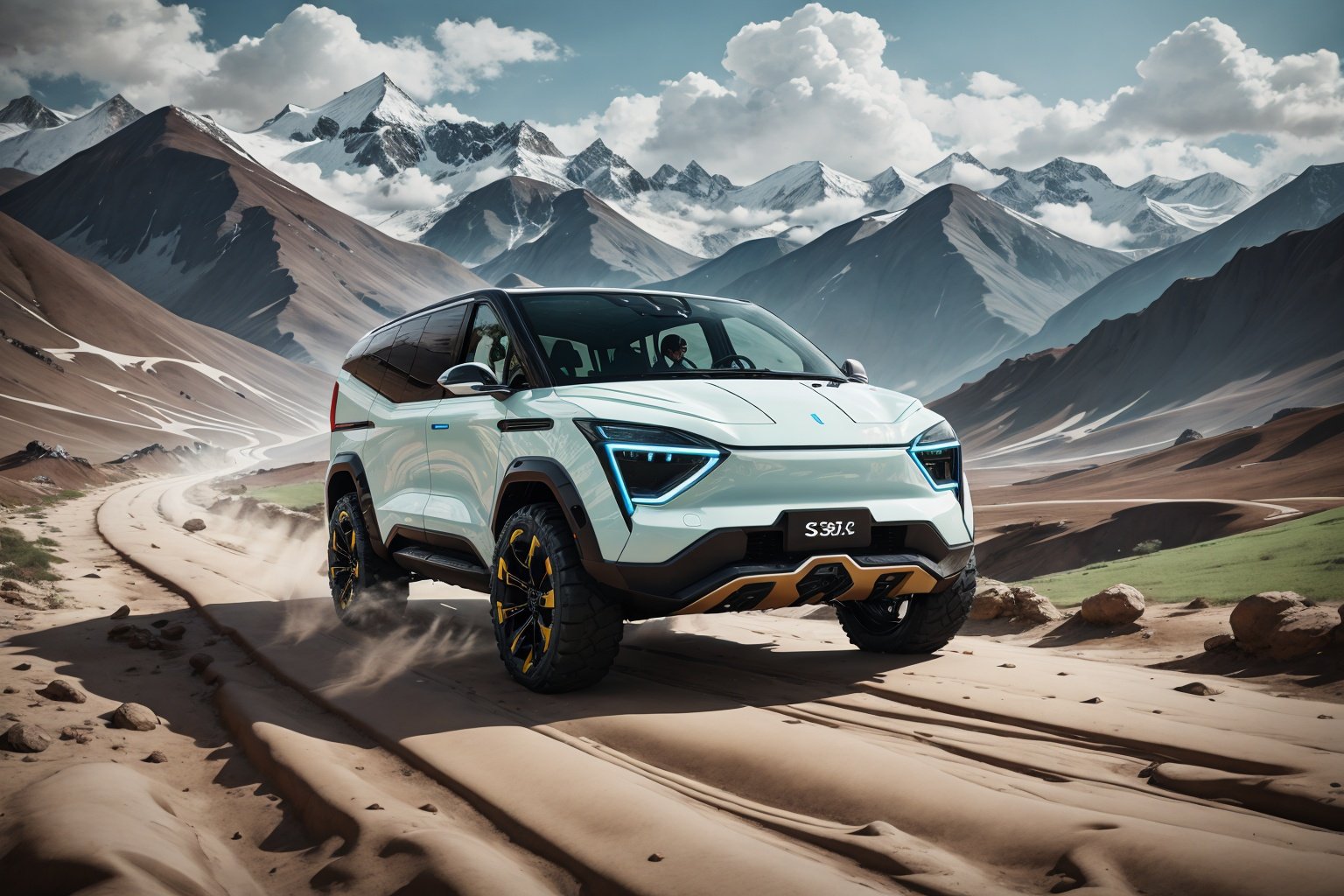 A VAN and electric vehicle driving in the Qinghai Tibet Plateau, with a concept sci-fi design that is wild, sporty, and aggressive,