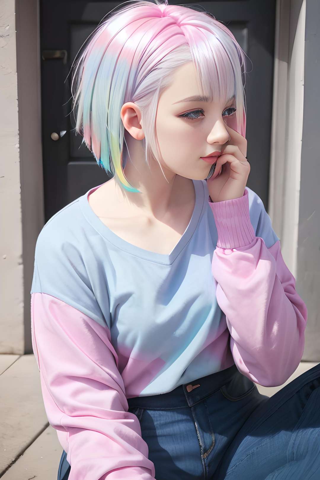 1girl, lucy, pastel hair,white hair, gray hair, pink hair, Pastel Rainbow hair, short hair, dyed hair,  <lora:Lucy:0.6> 