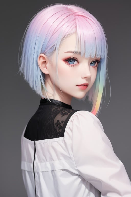 1girl, lucy, pastel hair,white hair, gray hair, pink hair, Pastel Rainbow hair, short hair, dyed hair, 