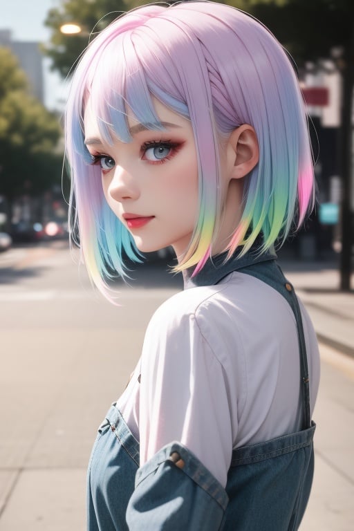 1girl, lucy, pastel hair,white hair, gray hair, pink hair, Pastel Rainbow hair, short hair, dyed hair, 