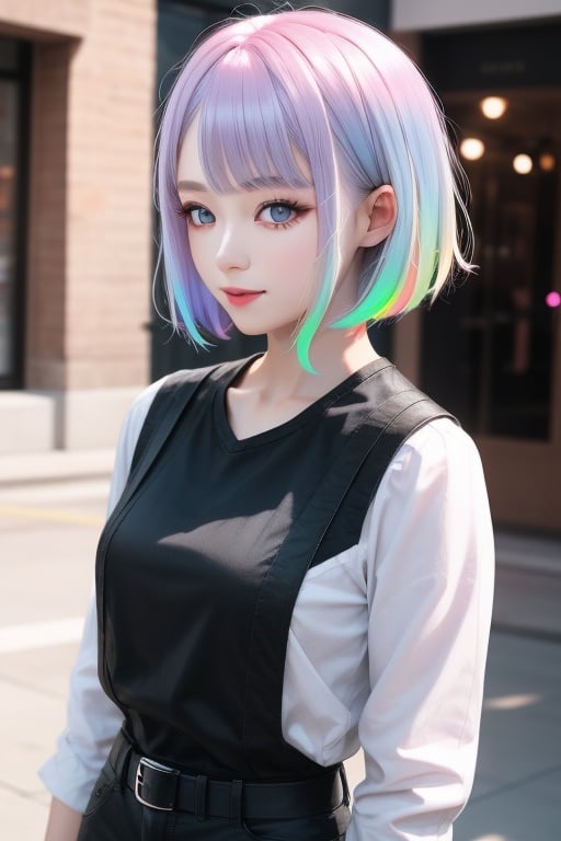 1girl, lucy, pastel hair,white hair, gray hair, pink hair, Pastel Rainbow hair, short hair, dyed hair, 