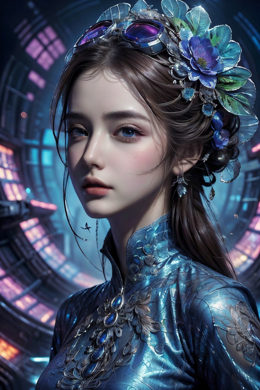 (Hyper Real), (illustration), (high resolution), (8K), (Very detailed), (Best Illustration), (Beautiful detailed eyes), (Best quality), (Super detailed), (Masterpiece), (the wallpaper), (Detailed face), Solo, (Dynamic pose), 1girl,goggles,goggles_on_head,jewelry,kongque,qingsha