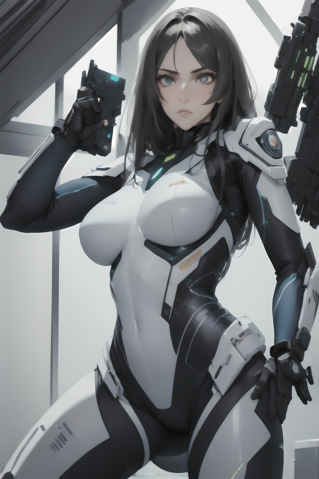 ultra realistic, ((gorgeous)), Science Fiction art, highres, 1girl, (full torso photo), (laser pistol), light skin, ultra-detailed, (beautiful detailed face and eyes and hair:1.1), masterpiece, perfect face, perfect composition, (detailed futuristic setting), textured skin, sensual, (gorgeous space maiden), intricate details, looking at viewer, seductive, large breasts, very beautiful woman, futuristic gadgets, sexy futuristic clothing, heroic action pose