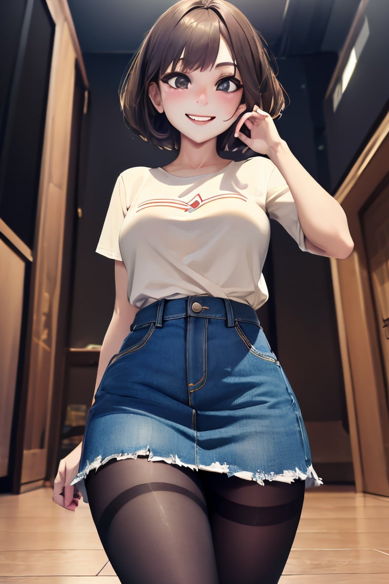 ((masterpiece,best quality)), absurdres, denim skirt, pantyhose, solo, smiling, looking at viewer, cowboy shot, cinematic composition, dynamic pose