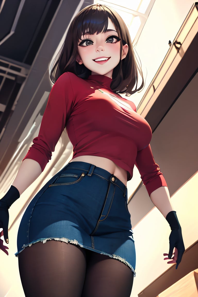 ((masterpiece,best quality)), absurdres, denim skirt, pantyhose, solo, smiling, looking at viewer, cowboy shot, cinematic composition, dynamic pose