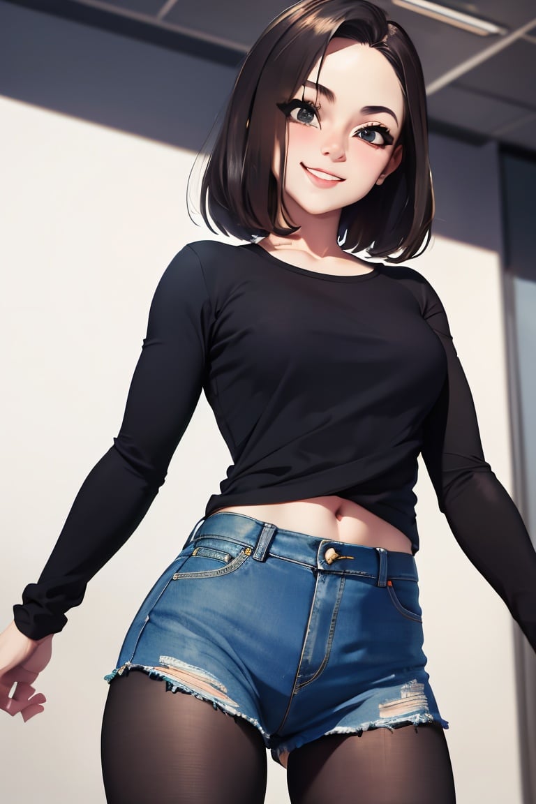 ((masterpiece,best quality)), absurdres, , Android_18_DB, denim skirt, pantyhose, solo, smiling, looking at viewer, cowboy shot, cinematic composition, dynamic pose