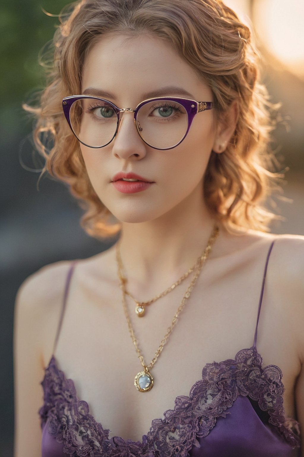Full body shot of a beautiful american woman,
pale skin, dark blonde hair with silver streaks, messy, very curly hair,
no makeup, beautiful, realistic,
perky natural breasts, saggy breasts,
gold necklace, gold hoop earrings,
huge round glasses,
best quality, masterpiece, beautiful and aesthetic, 16K, (HDR:1.4), high contrast, bokeh:1.2, lens flare, (vibrant color:1.4), (muted colors, dim colors, soothing tones:0), cinematic lighting, ambient lighting, sidelighting, Exquisite details and textures, cinematic shot, Warm tone, (Bright and intense:1.2), wide shot, by playai, ultra realistic illustration, siena natural ratio, anime style, 	(fantasy theme:1.4), (cute girl costume:1.4),	head to thigh portrait,purple	voguestyle, black lingerie, black silk lace gloves,	with a tattoo, 	Pale skin, adorned with gloves, boots, chocker collar,	