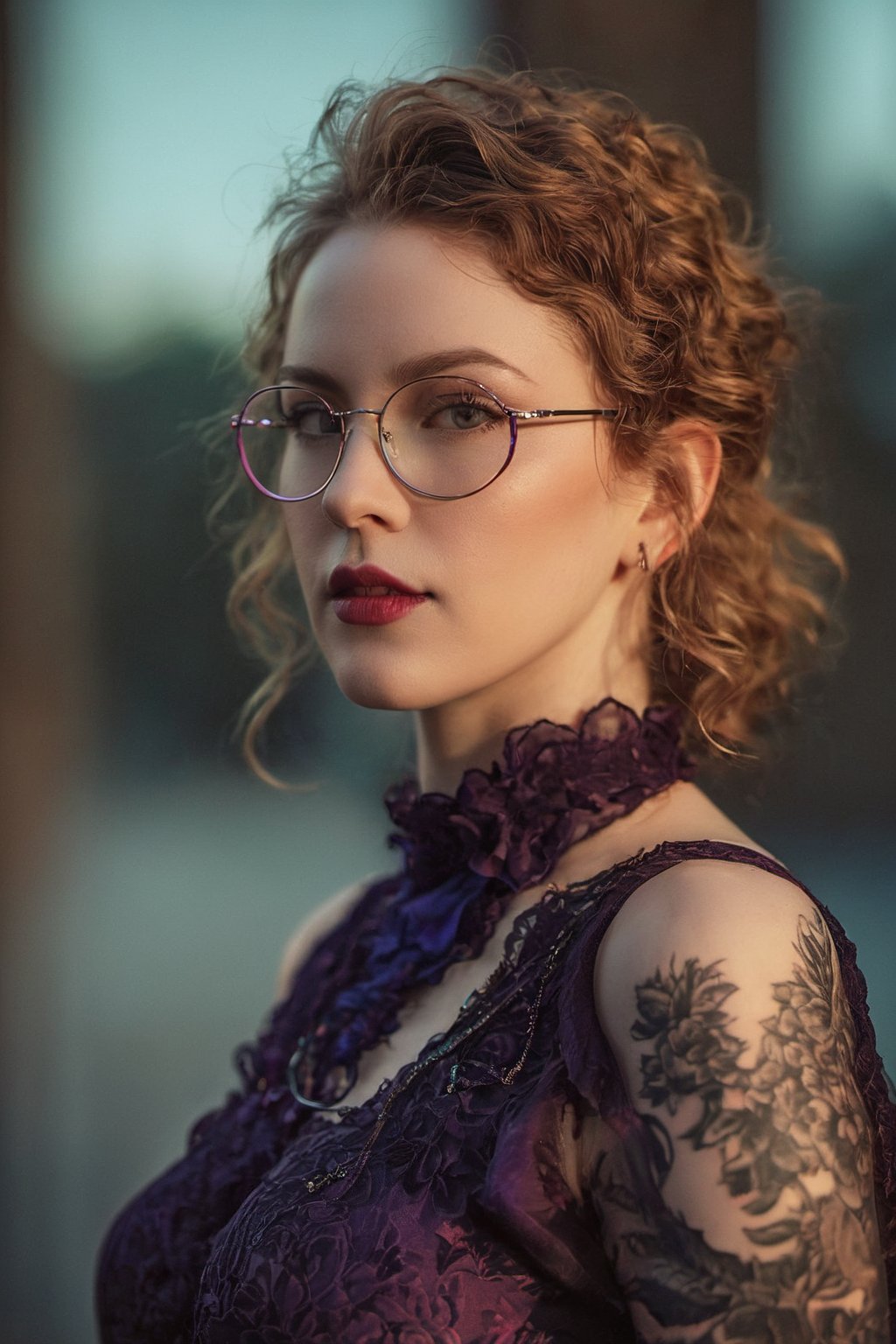 Full body shot of a beautiful German woman,
(((39 years old)))
pale skin, dark blonde hair with silver streaks, messy, very curly hair,
no makeup, beautiful, realistic,
perky natural breasts, saggy breasts,
gold necklace, gold hoop earrings,
huge round glasses,
best quality, masterpiece, beautiful and aesthetic, 16K, (HDR:1.4), high contrast, bokeh:1.2, lens flare, (vibrant color:1.4), (muted colors, dim colors, soothing tones:0), cinematic lighting, ambient lighting, sidelighting, Exquisite details and textures, cinematic shot, Warm tone, (Bright and intense:1.2), wide shot, by playai, ultra realistic illustration, siena natural ratio, anime style, 	(fantasy theme:1.4), (cute girl costume:1.4),	head to thigh portrait,purple	voguestyle, black lingerie, black silk lace gloves,	with a tattoo, 	Pale skin, adorned with gloves, boots, chocker collar,	