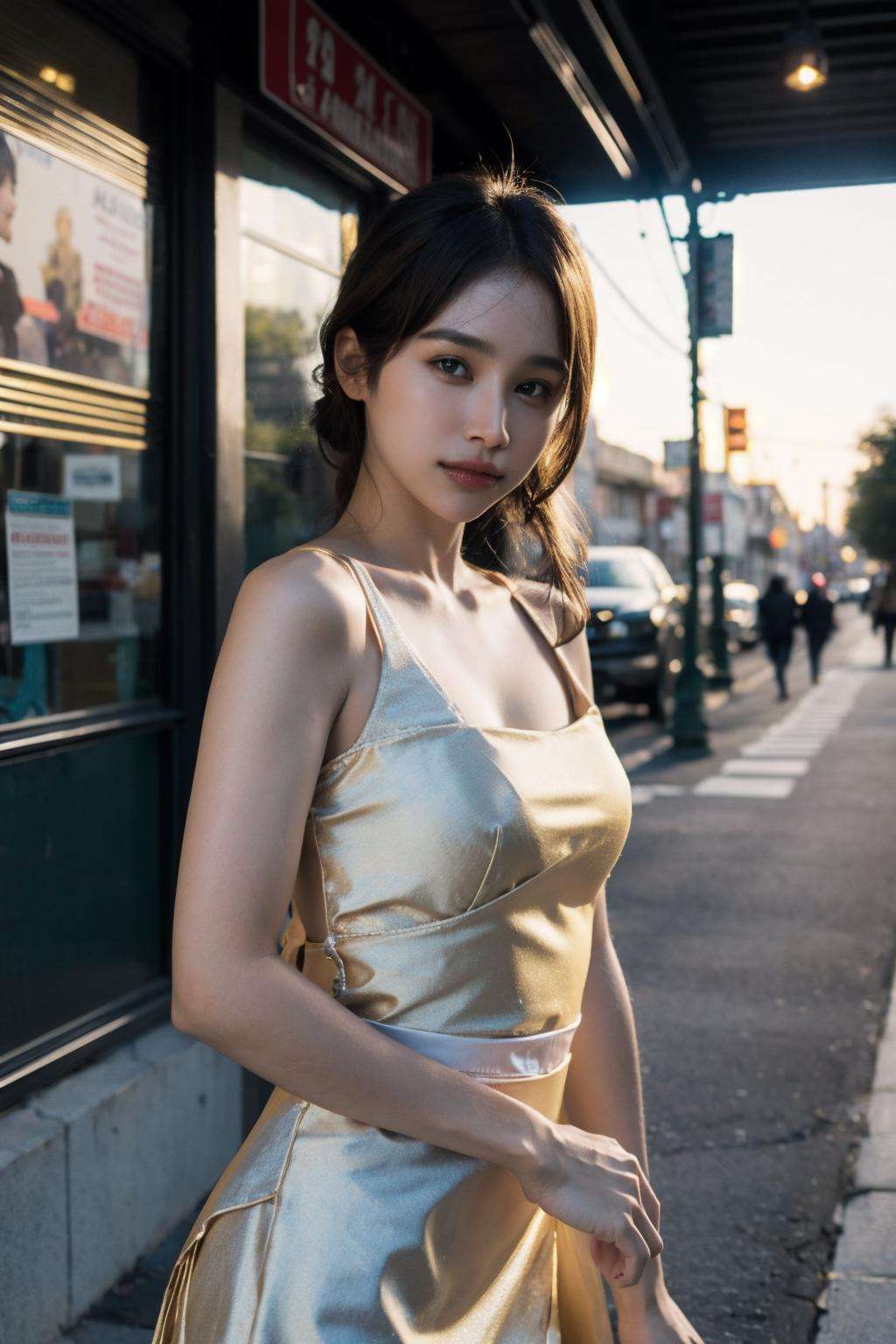 glamour photo of noosunnary, amidst a bustling city, upper body framing, in a street photography setting, golden hour lighting:1.3), shot at eye level, on a Fujifilm X-T4 with a 50mm lens, <lora:noosunnary-14:0.9>