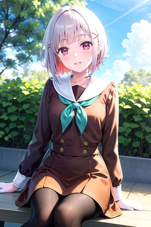 (lady, 18 years old,small breast, parted lips, blush, light smile, closed mouth, full blush face),(solo), (1 girl), yugiri tsuzuri, pink eyes, white hair, multicolored hair, short hair, hairpins, (asymmetrical bang:1, asymmetrical hair:1,) , <lora:yugiri_v1:0.675>, shiny skin, lustrous body, brillant body, brillant eyes, beauty eyes, large hips, perfect skin,pale skin,high quality,hd,realism, looking at viewer, beautiful eyes, 3d face, lustrous skin, masterpiece:1.4, highres, illustration, (school uniform, dress, brown dress, brown skirt, long sleeves,  ,white sailor collar), green kerchief, pantyhose, black gloves, sitting, sitting on bank, school backyard background, blue sky, clouds,