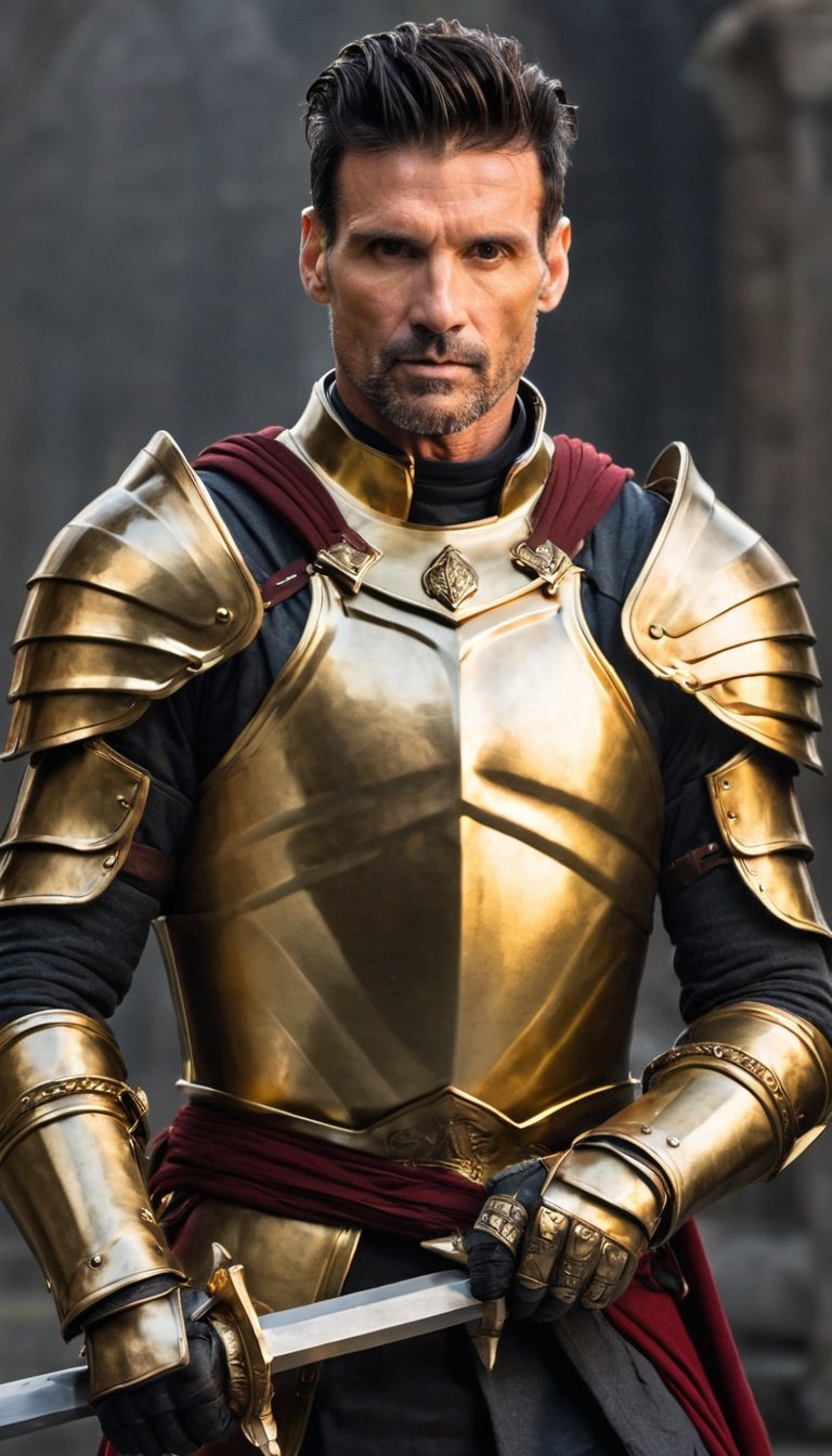 photo, 1boy, solo, male focus, Frank Grillo, half body, standing, fantasy, knight, golden armor, heavy sword, red emblem