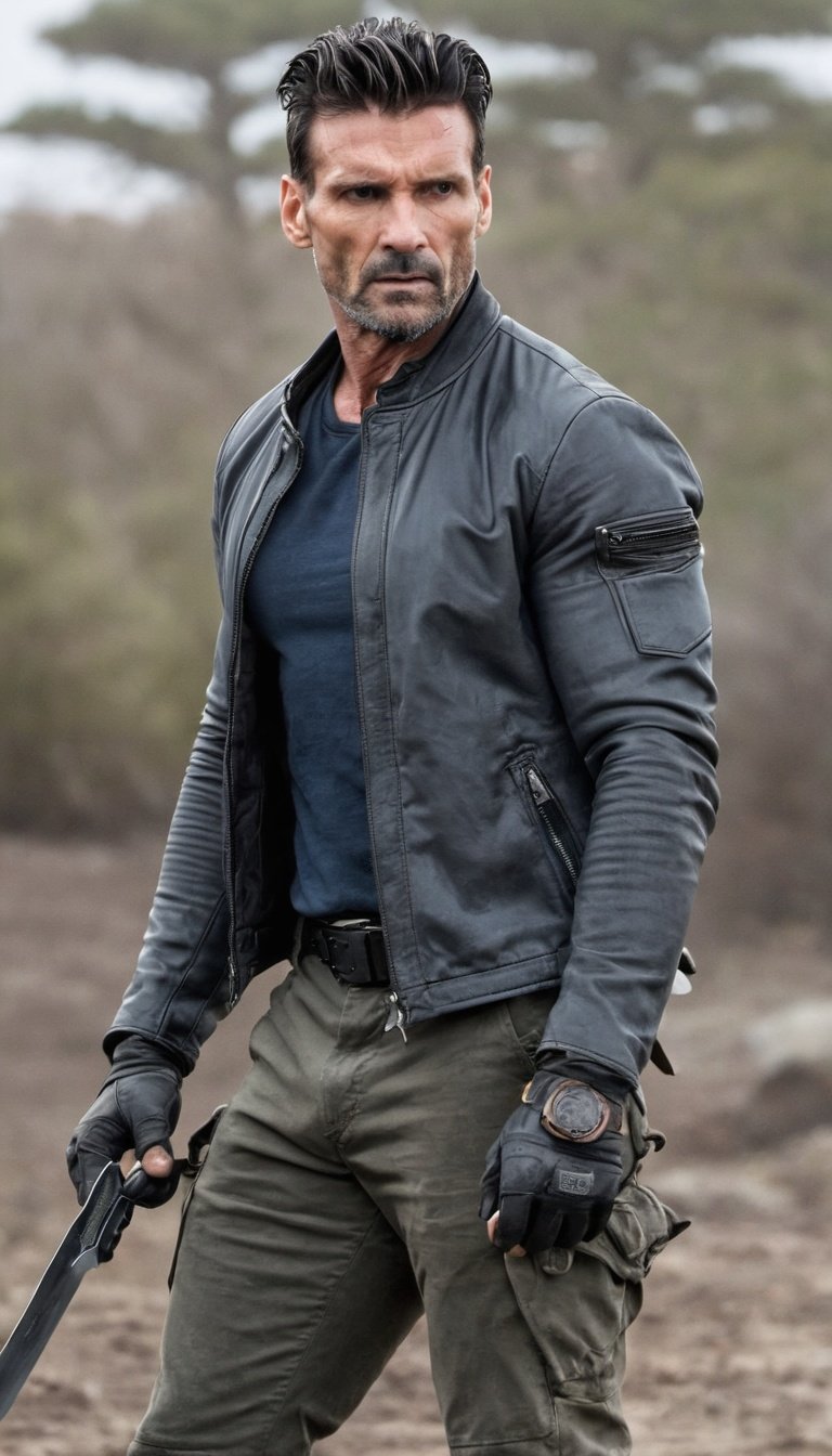 photo, 1boy, solo, male focus, Frank Grillo, half body, standing, tactical, gloves, frown, angry, holding (knive)