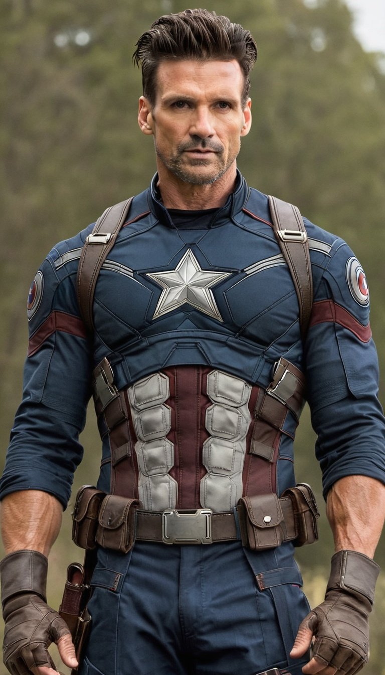 photo, 1boy, solo, male focus, frank grillo, brown eyes, half body, looking at viewer, standing, captain america, grin