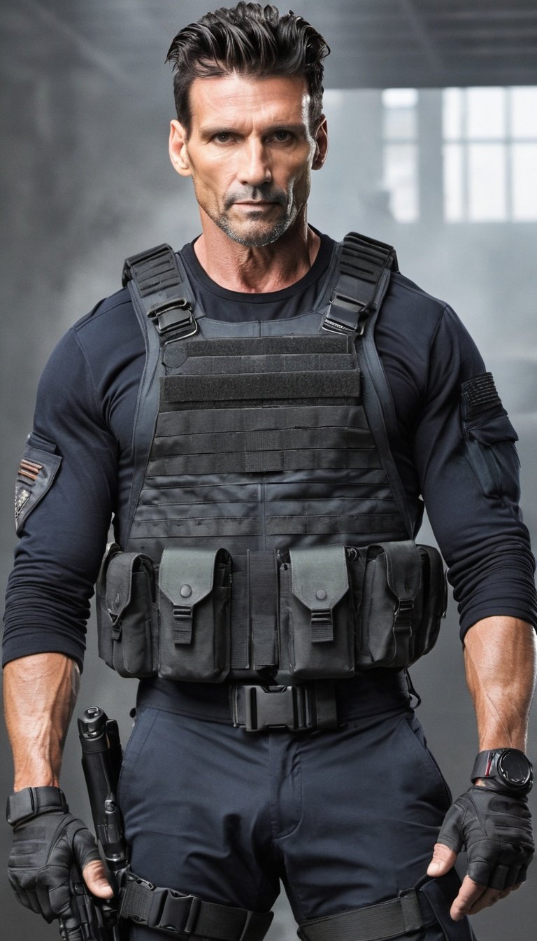 photo, 1boy, solo, male focus, Frank Grillo, half body, standing, tactical uniform