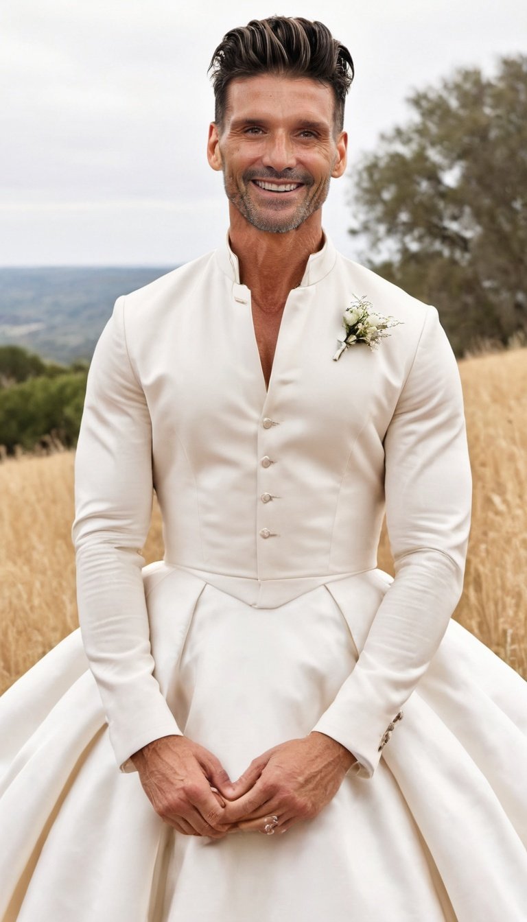 photo, 1boy, solo, male focus, Frank Grillo wearing (dress:1.2), brown eyes, full body, wedding dress, white dress, long dress, smile