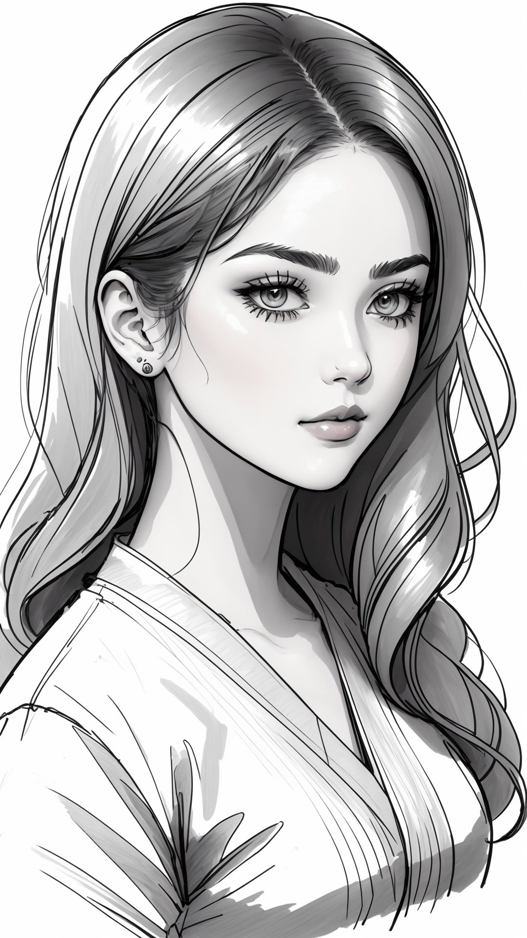 Woman, b/w outline art, full white, white background, coloring style, Sketch style, Sketch drawing