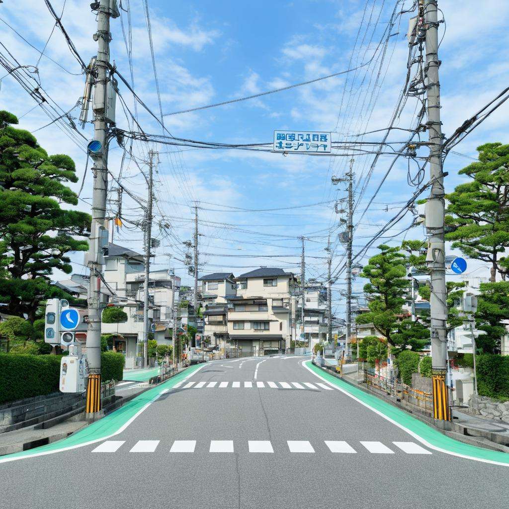 masterpiece, best quality, ultra-detailed, illustration,japan, outdoors, road, scenery, sky, street, tree, building, power lines, day, crosswalk, blue sky, utility pole, traffic light, real world location, window, house, sign, city, road sign, lamppost, motor vehicle, realistic, photo background, photo (medium) <lora:JapanScenery_road_SDXL_V2:1>