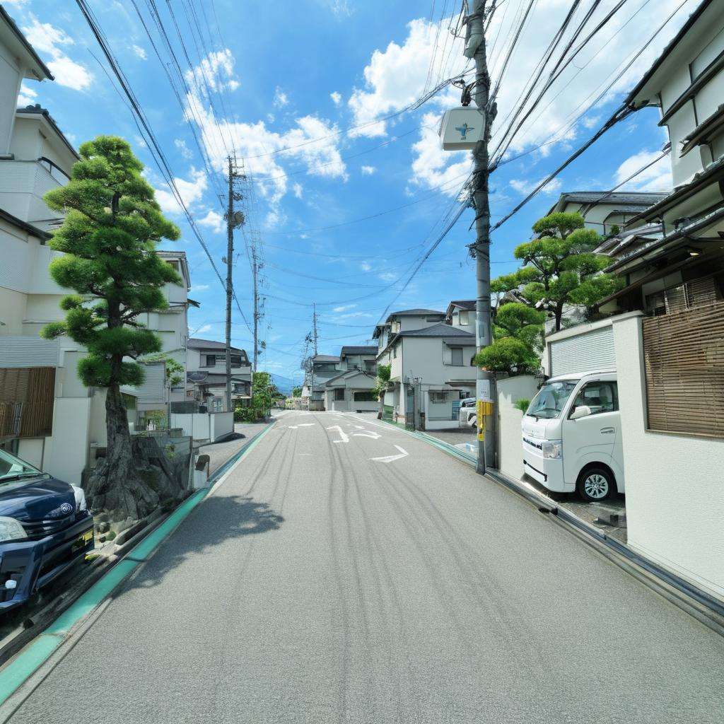 masterpiece, best quality, ultra-detailed, illustration,japan, scenery, outdoors, road, power lines, building, sky, street, utility pole, ground vehicle, motor vehicle, day, tree, house, car, fence, window, cloud, sign, city, blue sky, road sign, realistic, photo background, photo (medium), toyota <lora:JapanScenery_road_SDXL_V2:1>