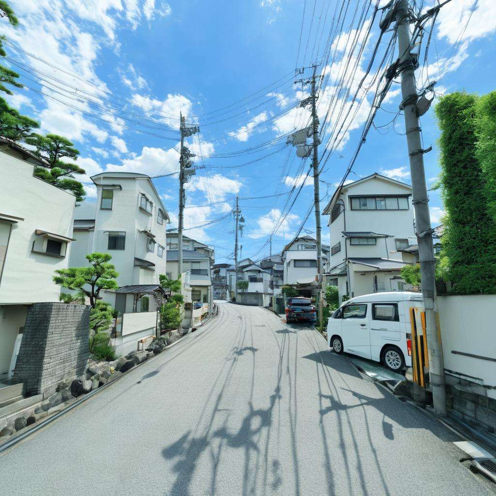 masterpiece, best quality, ultra-detailed, illustration,japan, scenery, outdoors, road, power lines, building, sky, street, utility pole, ground vehicle, motor vehicle, day, tree, house, car, fence, window, cloud, sign, city, blue sky, road sign, realistic, photo background, photo (medium), toyota <lora:JapanScenery_road_SDXL_V2:1>